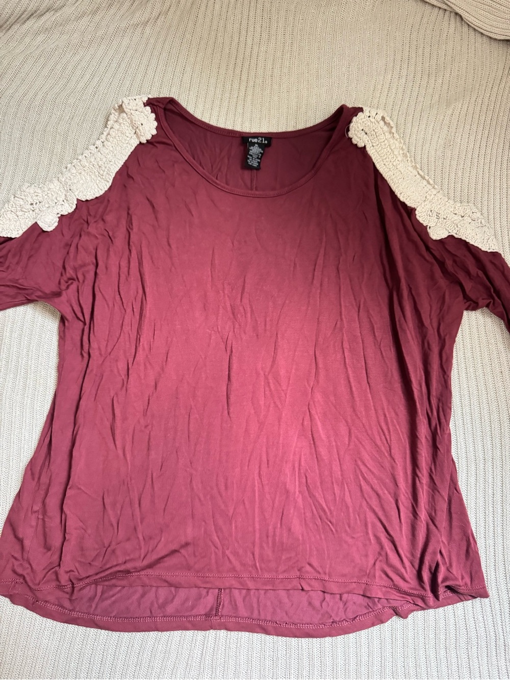 Rue21 Women's Burgundy Cold-Shoulder Top with Cream Crochet Trim. XL